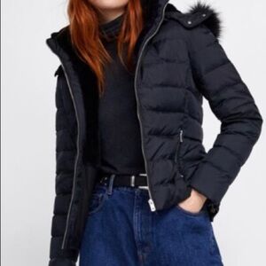 Zara Black Hooded & Belt Puffer Jacket L